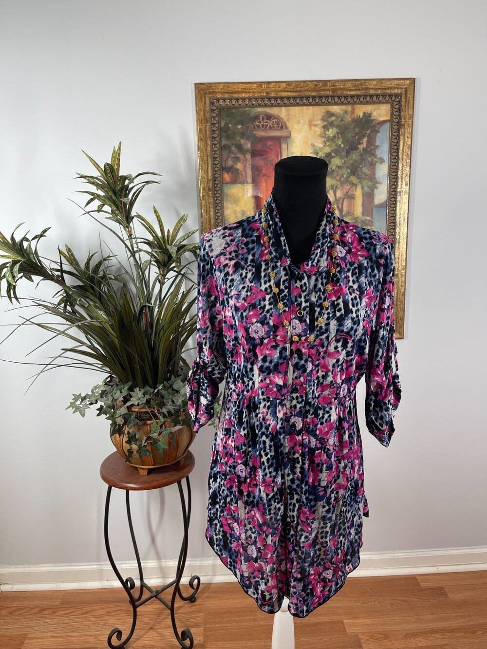 Style & Co Tunic Top Women's Large Pink‎ Floral Eclectic Maximalist Bohemian